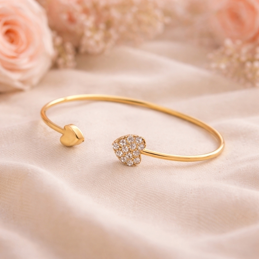Dual Hearts Gold Open Cuff Adjustable Bracelet with Pave` Crystals